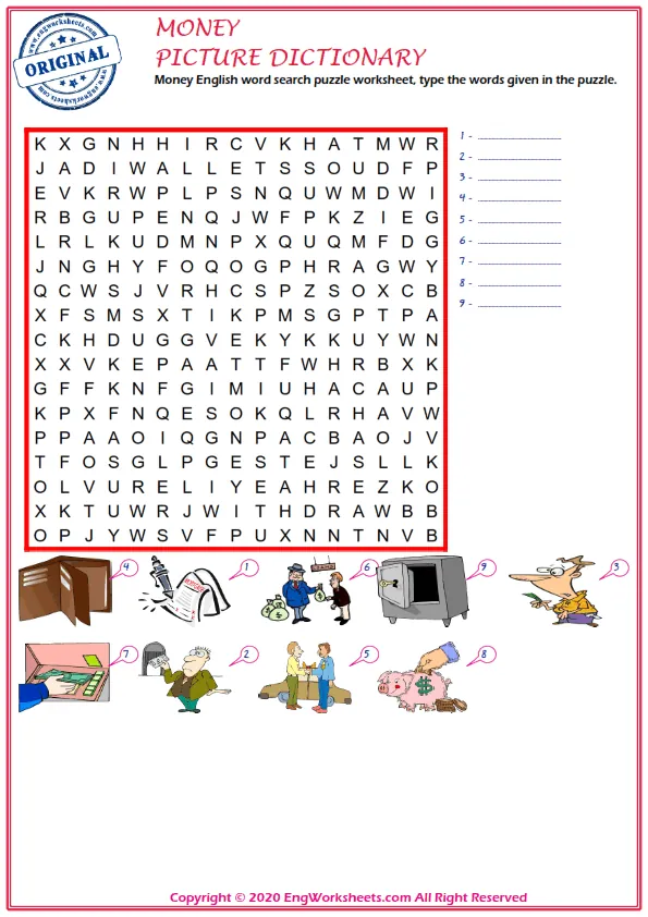 Money English word search puzzle worksheet, type the words given in the puzzle. Worksheet Preview