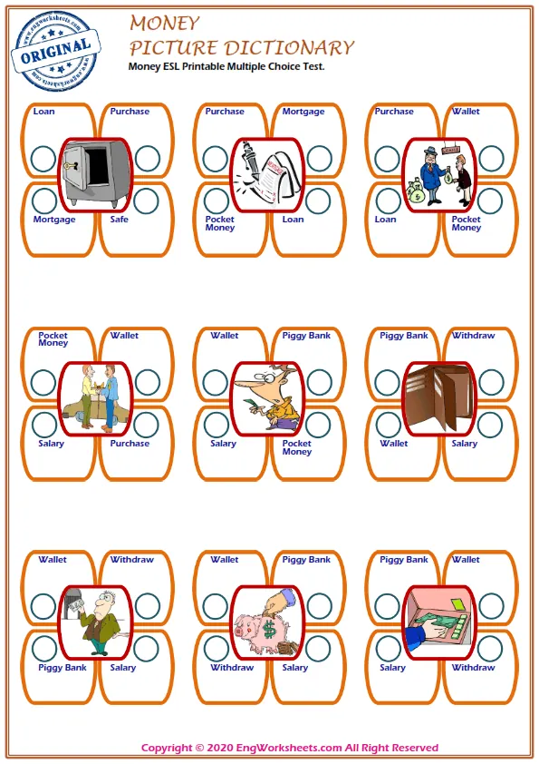 Money ESL Printable Multiple Choice Test. Worksheet Preview