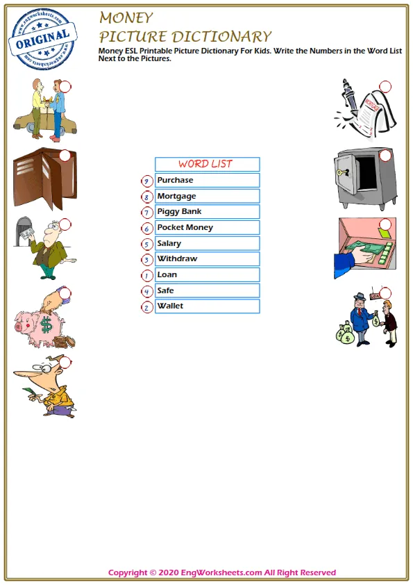 Money ESL Printable Picture Dictionary For Kids. Write the Numbers in the Word List Next to the Pictures. Worksheet Preview