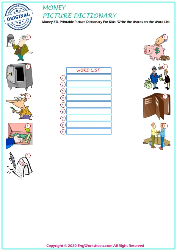 Money ESL Printable Picture Dictionary For Kids. Write the Words on the Word List. Worksheet Preview