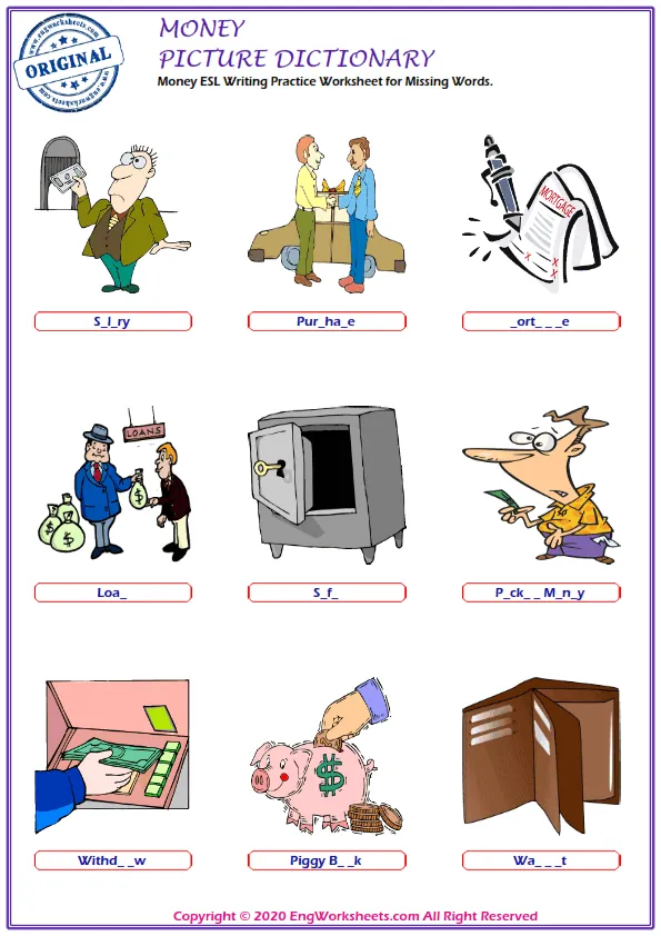 Money ESL Writing Practice Worksheet for Missing Words. Worksheet Preview