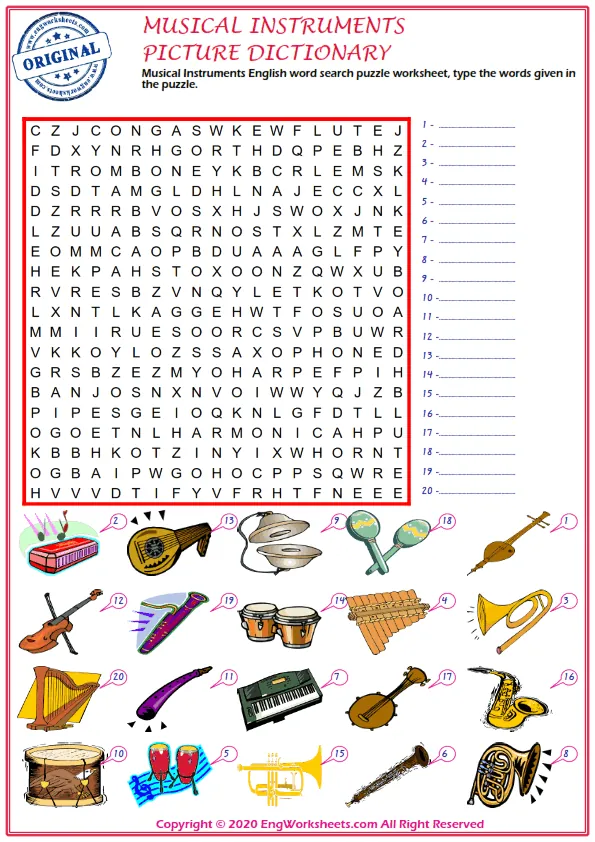 Musical Instruments English word search puzzle worksheet, type the words given in the puzzle. Worksheet Preview