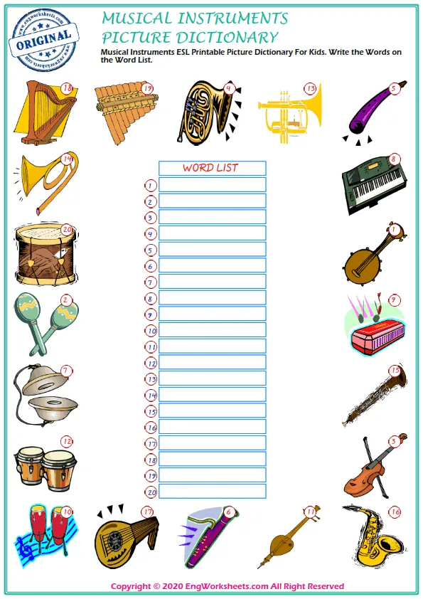 Musical Instruments ESL Printable Picture Dictionary For Kids. Write the Words on the Word List. Worksheet Preview