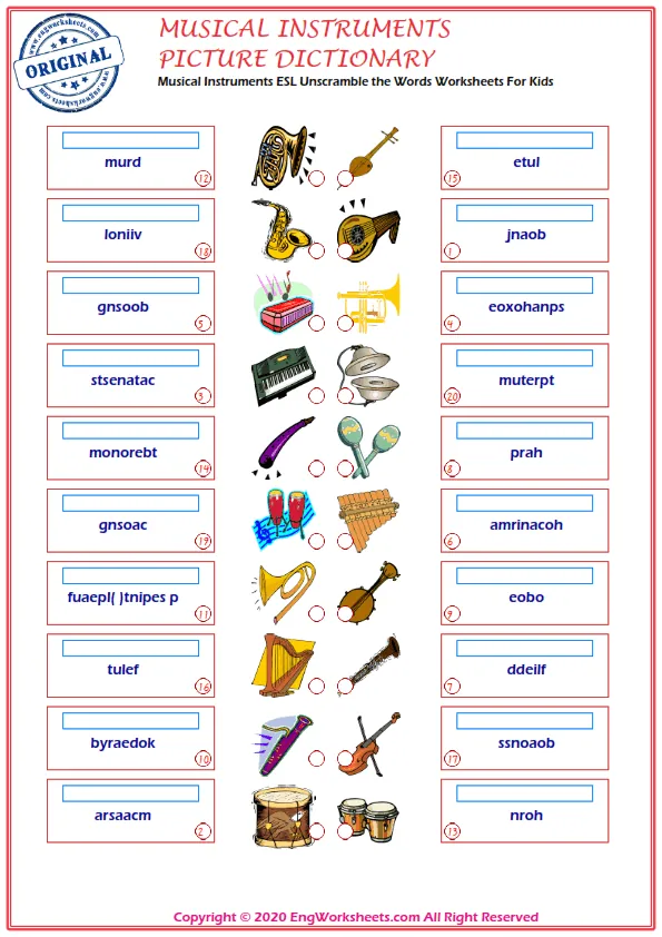 Musical Instruments ESL Unscramble the Words Worksheets For Kids Worksheet Preview
