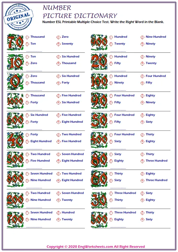 Number ESL Printable Multiple Choice Test. Write the Right Word in the Blank. Worksheet Preview