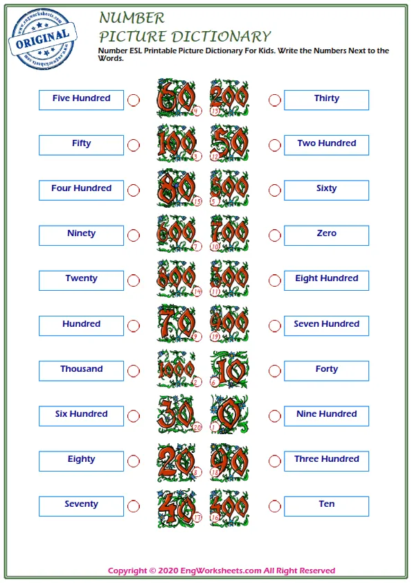 Number ESL Printable Picture Dictionary For Kids. Write the Numbers Next to the Words. Worksheet Preview