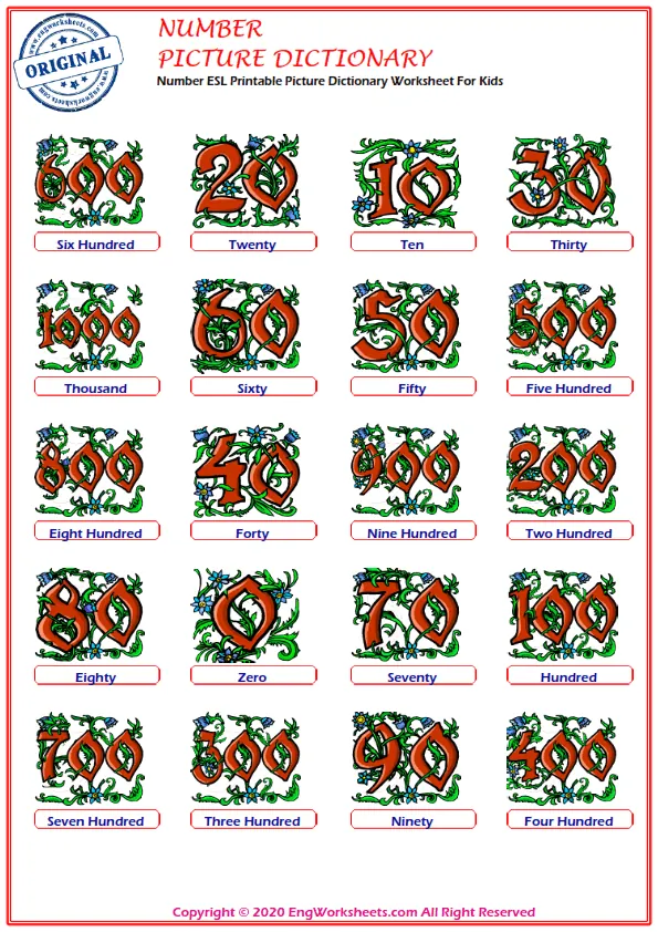 Number ESL Printable Picture Dictionary Worksheet For Kids Worksheet Preview