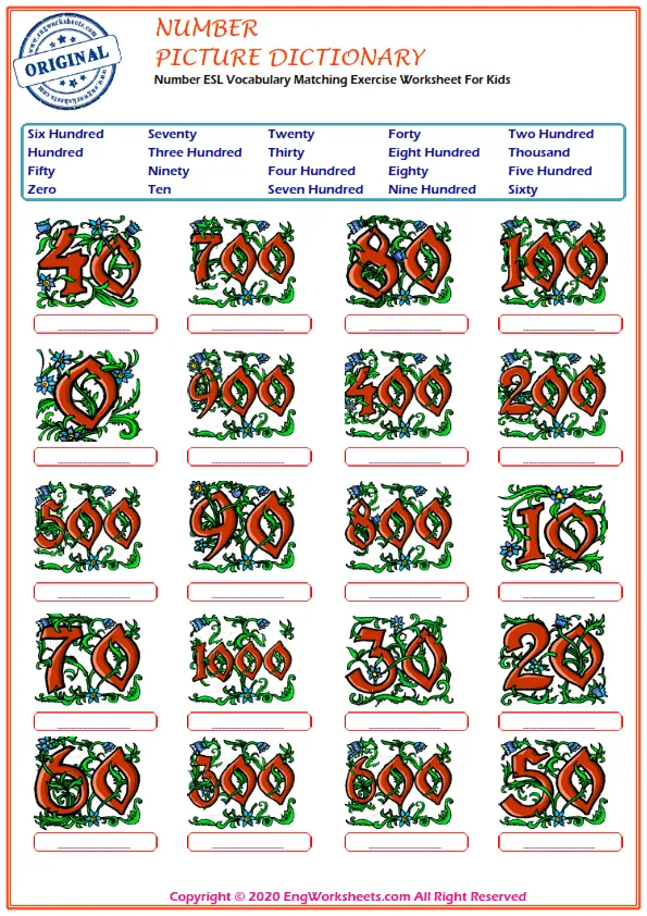 Number ESL Vocabulary Matching Exercise Worksheet For Kids Worksheet Preview