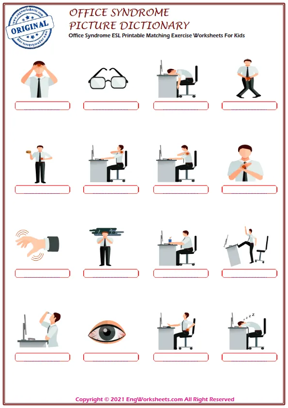 Office Syndrome ESL Printable Matching Exercise Worksheets For Kids Worksheet Preview