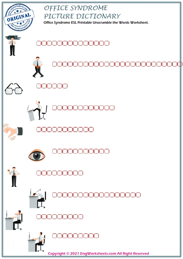 Office Syndrome ESL Printable Unscramble the Words Worksheet. Worksheet Preview