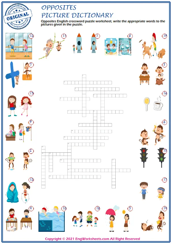 Opposites English crossword puzzle worksheet, write the appropriate words to the pictures given in the puzzle. Worksheet Preview