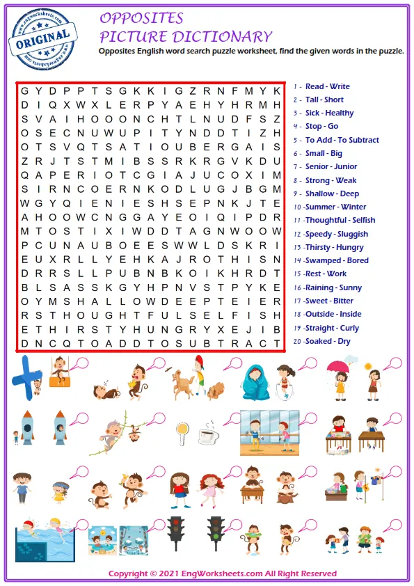 Opposites English word search puzzle worksheet, find the given words in the puzzle. Worksheet Preview