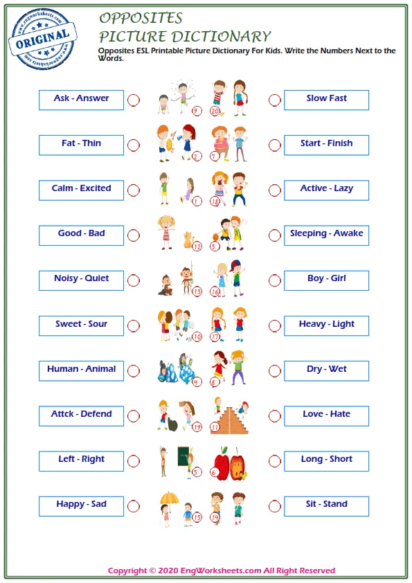 Opposites ESL Printable Picture Dictionary For Kids. Write the Numbers Next to the Words. Worksheet Preview
