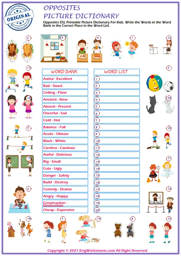 Opposites ESL Printable Picture Dictionary For Kids. Write the Words in the Word Bank in the Correct Place in the Word List. Worksheet Preview