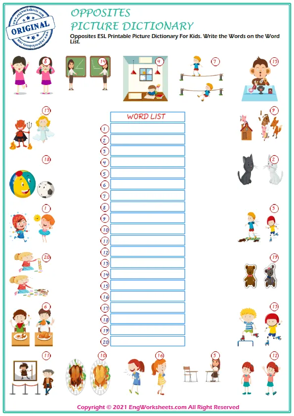 Opposites ESL Printable Picture Dictionary For Kids. Write the Words on the Word List. Worksheet Preview