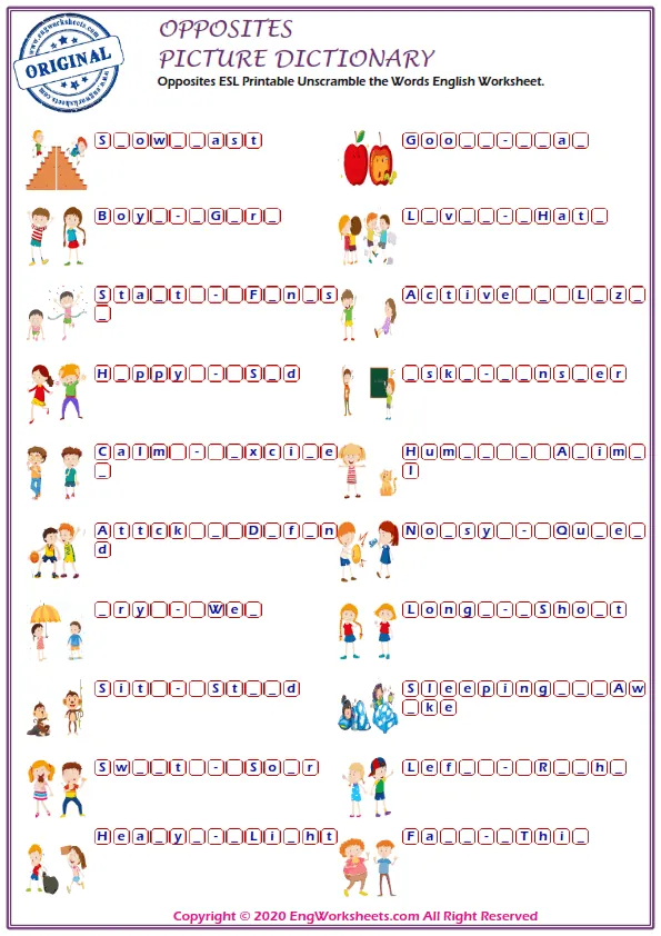 Opposites ESL Printable Unscramble the Words English Worksheet. Worksheet Preview