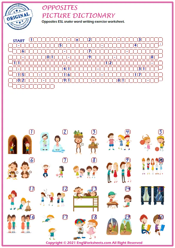 Opposites ESL snake word writing exercise worksheet. Worksheet Preview