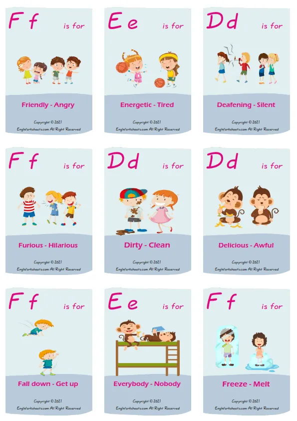 Opposites vocabulary worksheet with words, nine images per page Worksheet Preview