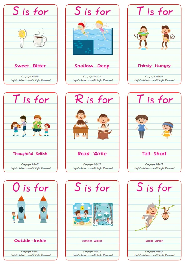 Opposites vocabulary worksheet with words, nine images per page Worksheet Preview
