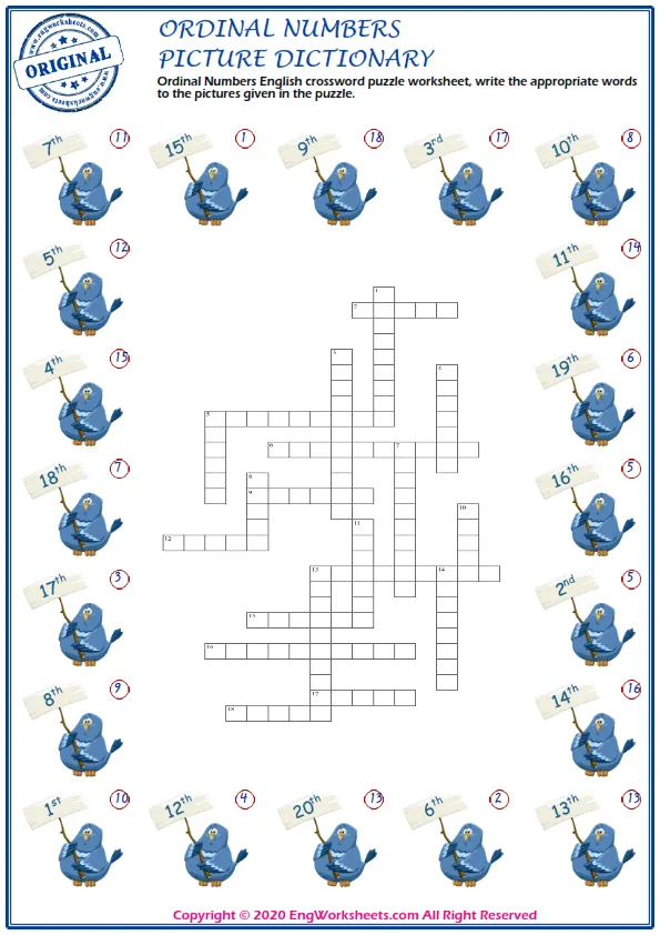 Ordinal Numbers English crossword puzzle worksheet, write the appropriate words to the pictures given in the puzzle. Worksheet Preview