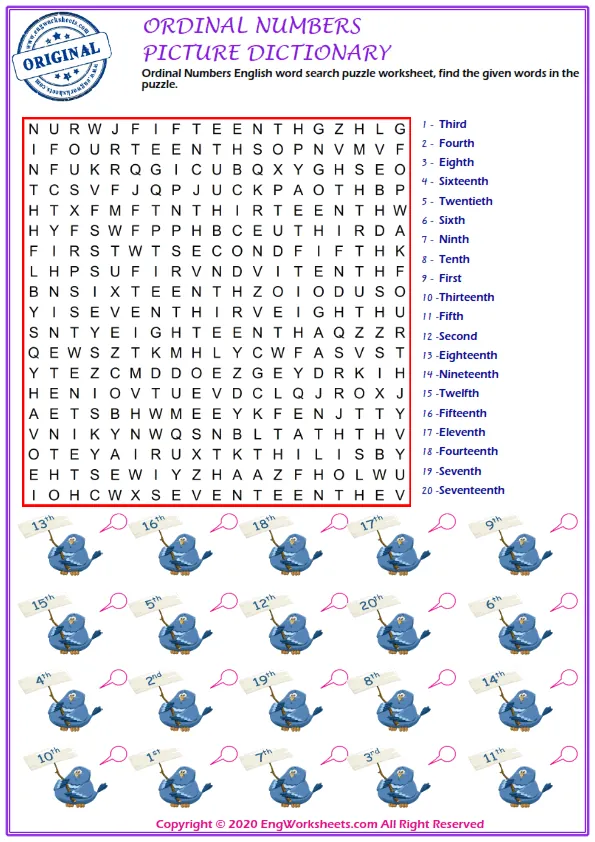 Ordinal Numbers English word search puzzle worksheet, find the given words in the puzzle. Worksheet Preview