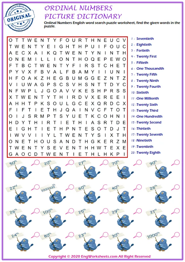 Ordinal Numbers English word search puzzle worksheet, find the given words in the puzzle. Worksheet Preview