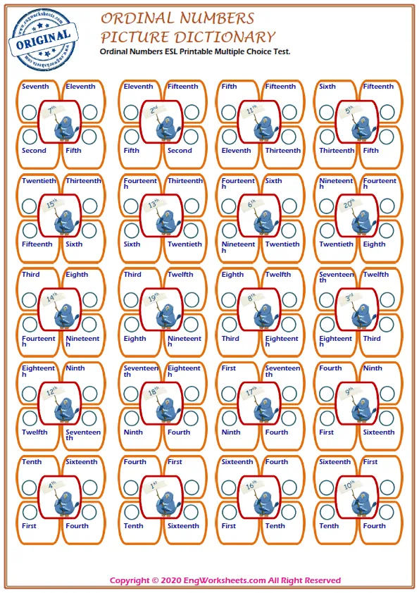 Ordinal Numbers ESL Printable Multiple Choice Test. Worksheet Preview