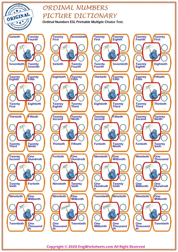 Ordinal Numbers ESL Printable Multiple Choice Test. Worksheet Preview