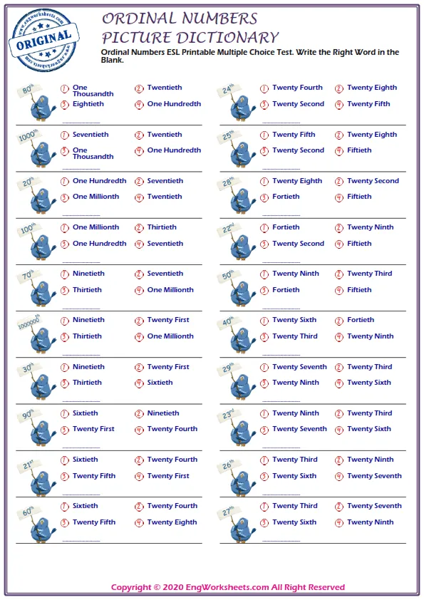 Ordinal Numbers ESL Printable Multiple Choice Test. Write the Right Word in the Blank. Worksheet Preview