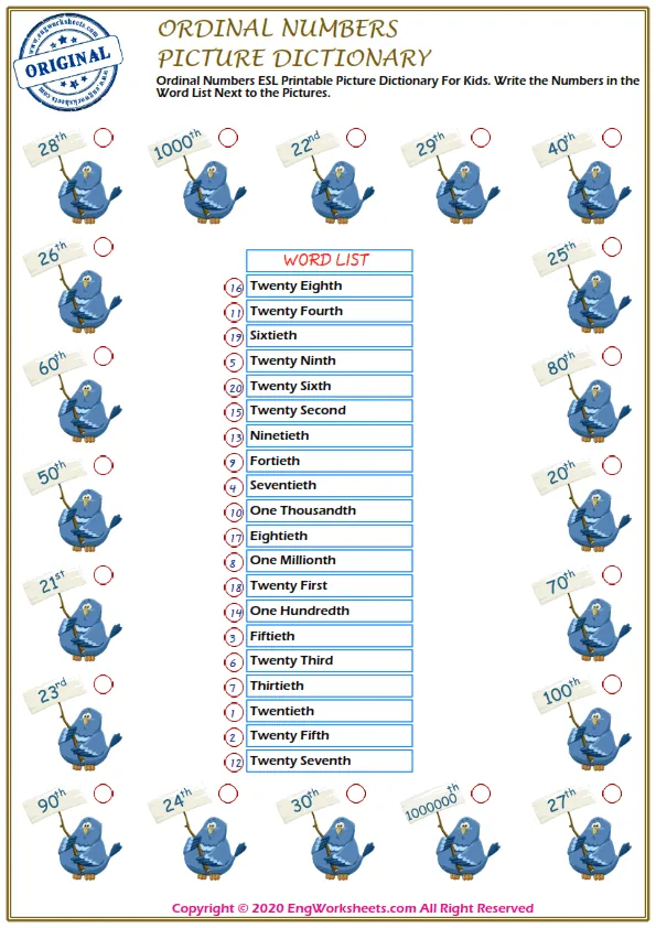 Ordinal Numbers ESL Printable Picture Dictionary For Kids. Write the Numbers in the Word List Next to the Pictures. Worksheet Preview