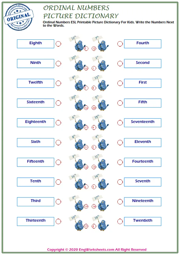 Ordinal Numbers ESL Printable Picture Dictionary For Kids. Write the Numbers Next to the Words. Worksheet Preview