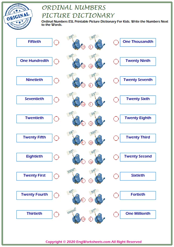 Ordinal Numbers ESL Printable Picture Dictionary For Kids. Write the Numbers Next to the Words. Worksheet Preview