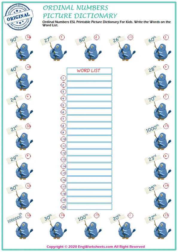 Ordinal Numbers ESL Printable Picture Dictionary For Kids. Write the Words on the Word List. Worksheet Preview
