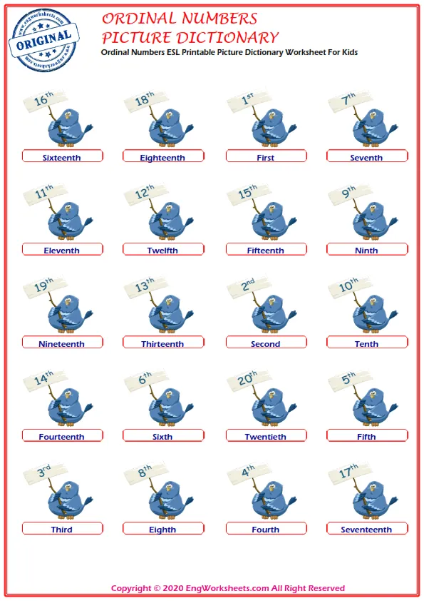 Ordinal Numbers ESL Printable Picture Dictionary Worksheet For Kids Worksheet Preview