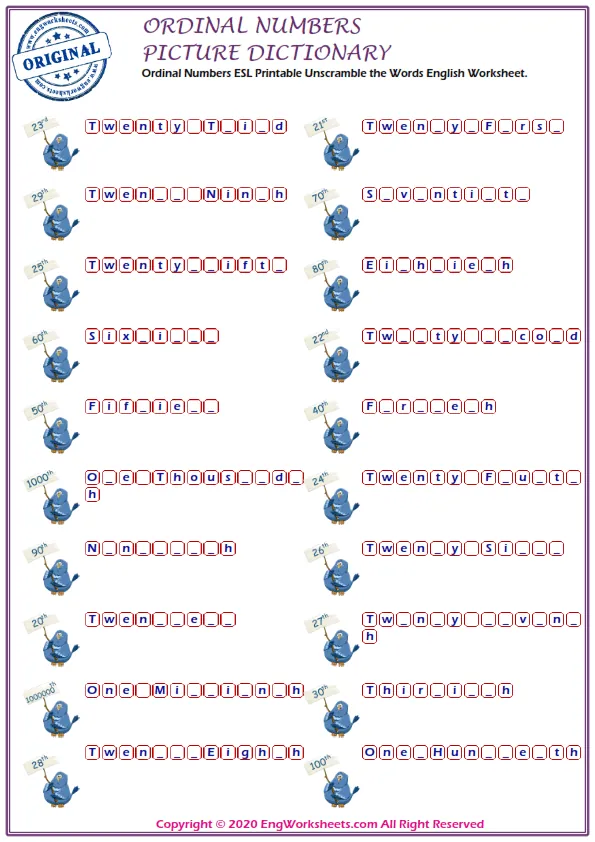 Ordinal Numbers ESL Printable Unscramble the Words English Worksheet. Worksheet Preview