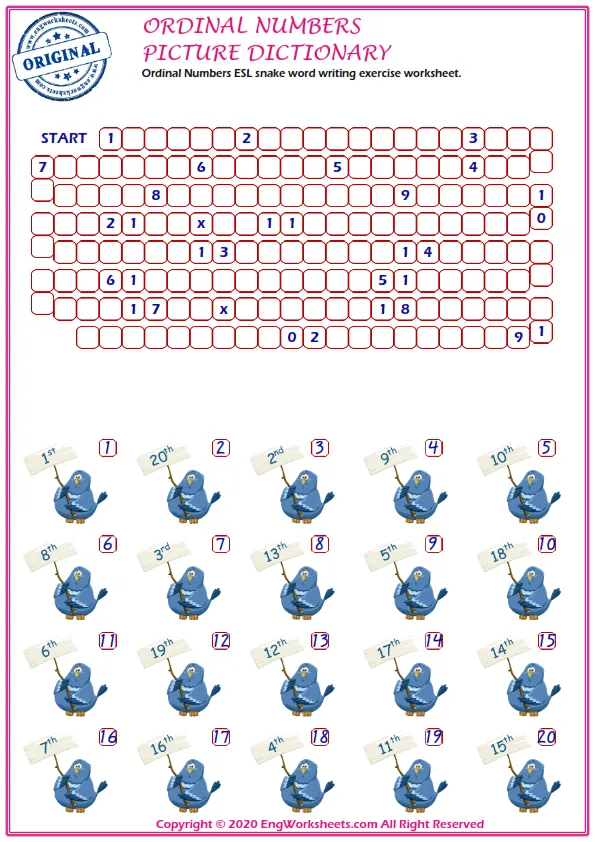 Ordinal Numbers ESL snake word writing exercise worksheet. Worksheet Preview