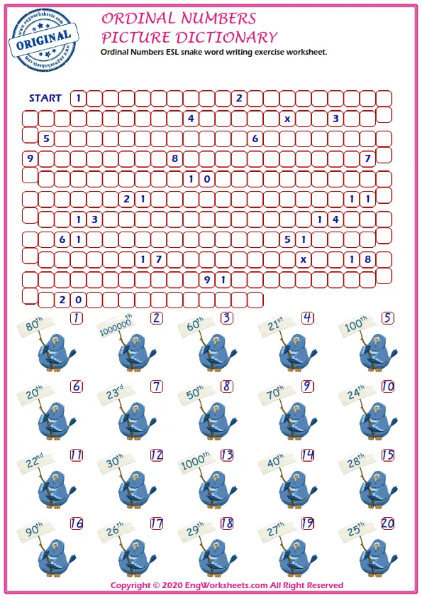 Ordinal Numbers ESL snake word writing exercise worksheet. Worksheet Preview