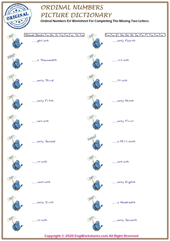 Ordinal Numbers Esl Worksheet For Completing The Missing Two Letters. Worksheet Preview