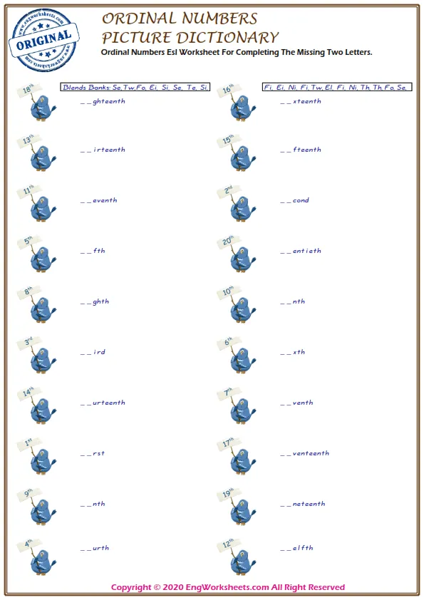 Ordinal Numbers Esl Worksheet For Completing The Missing Two Letters. Worksheet Preview