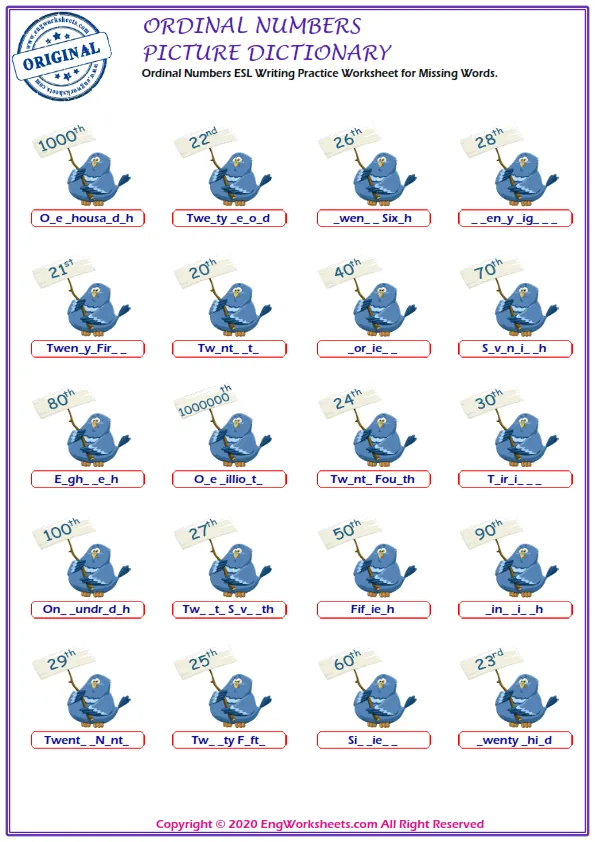 Ordinal Numbers ESL Writing Practice Worksheet for Missing Words. Worksheet Preview