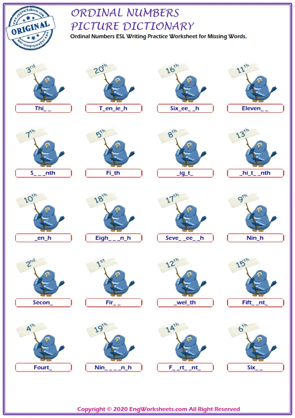 Ordinal Numbers ESL Writing Practice Worksheet for Missing Words. Worksheet Preview