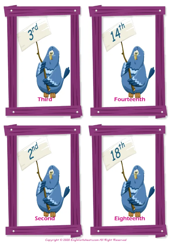 Ordinal Numbers vocabulary worksheet with words, four images per page Worksheet Preview