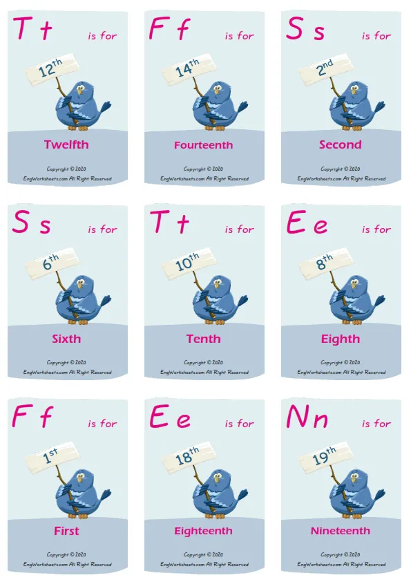Ordinal Numbers vocabulary worksheet with words, nine images per page Worksheet Preview