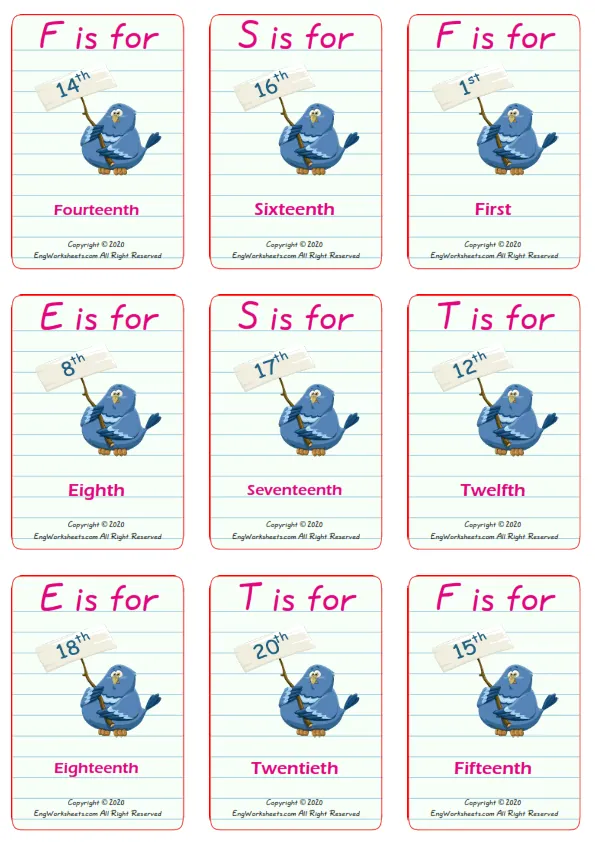 Ordinal Numbers vocabulary worksheet with words, nine images per page Worksheet Preview