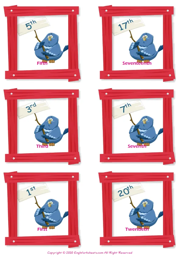 Ordinal Numbers vocabulary worksheet with words, six images per page Worksheet Preview