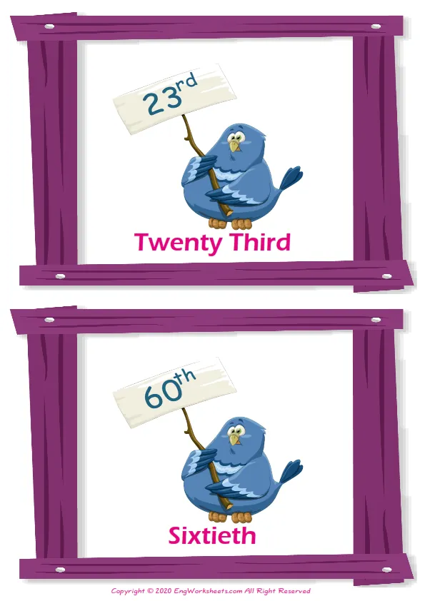 Ordinal Numbers vocabulary worksheet with words, two images per page Worksheet Preview