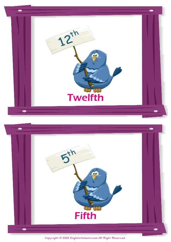 Ordinal Numbers vocabulary worksheet with words, two images per page Worksheet Preview