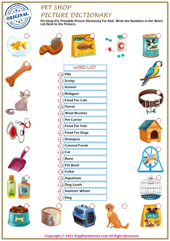 Pet Shop ESL Printable Picture Dictionary For Kids. Write the Numbers in the Word List Next to the Pictures. Worksheet Preview