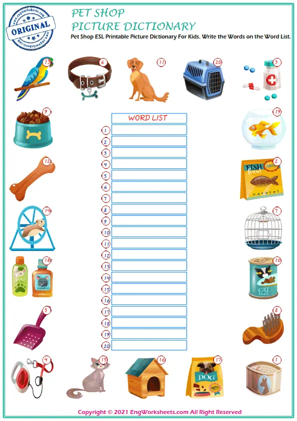 Pet Shop ESL Printable Picture Dictionary For Kids. Write the Words on the Word List. Worksheet Preview