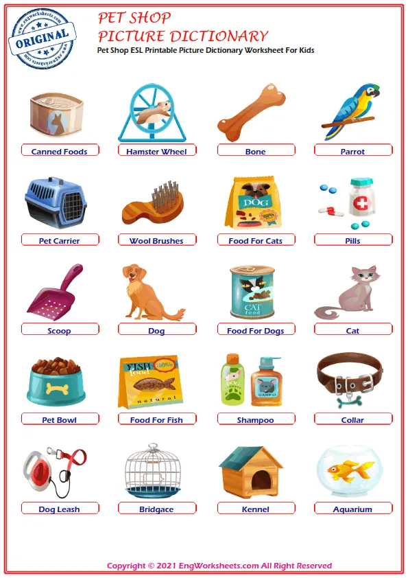 Pet Shop ESL Printable Picture Dictionary Worksheet For Kids Worksheet Preview